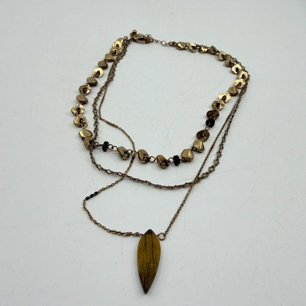 Gold Tone Brown Marquise Pendant Multi Strand Necklace Boho Statement Jewelry
